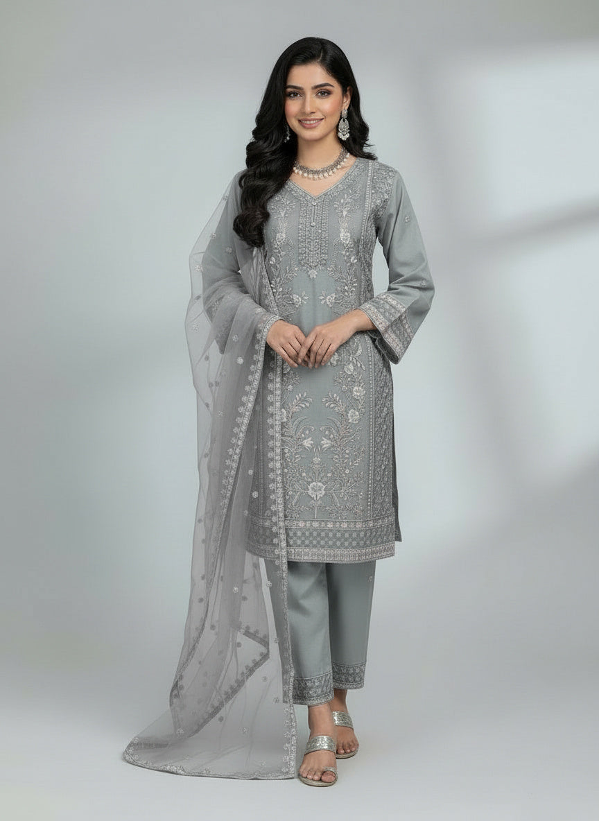 3Pc Embroidered Organza Shirt Shalwar Dupatta