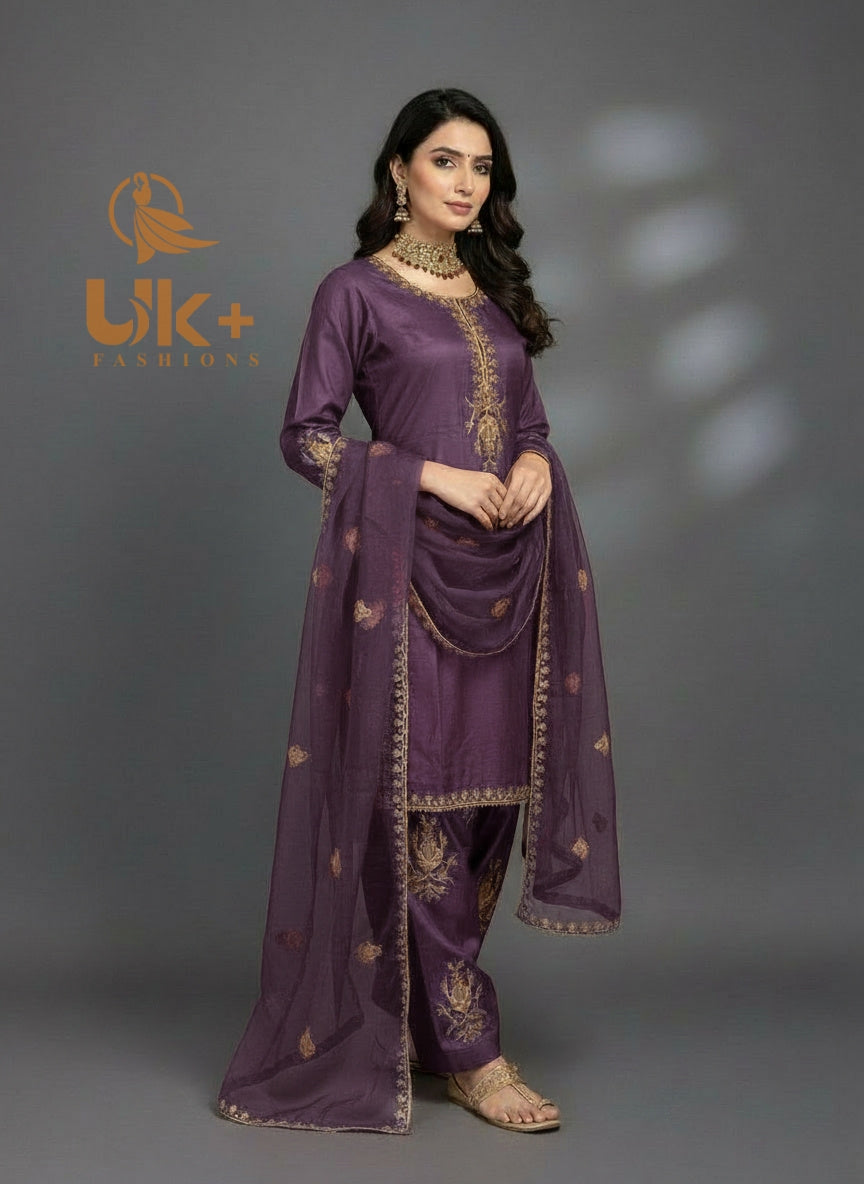 3Pc Embroidered Kataan Silk, Shirt, Farshi Shalwar and Dupatta