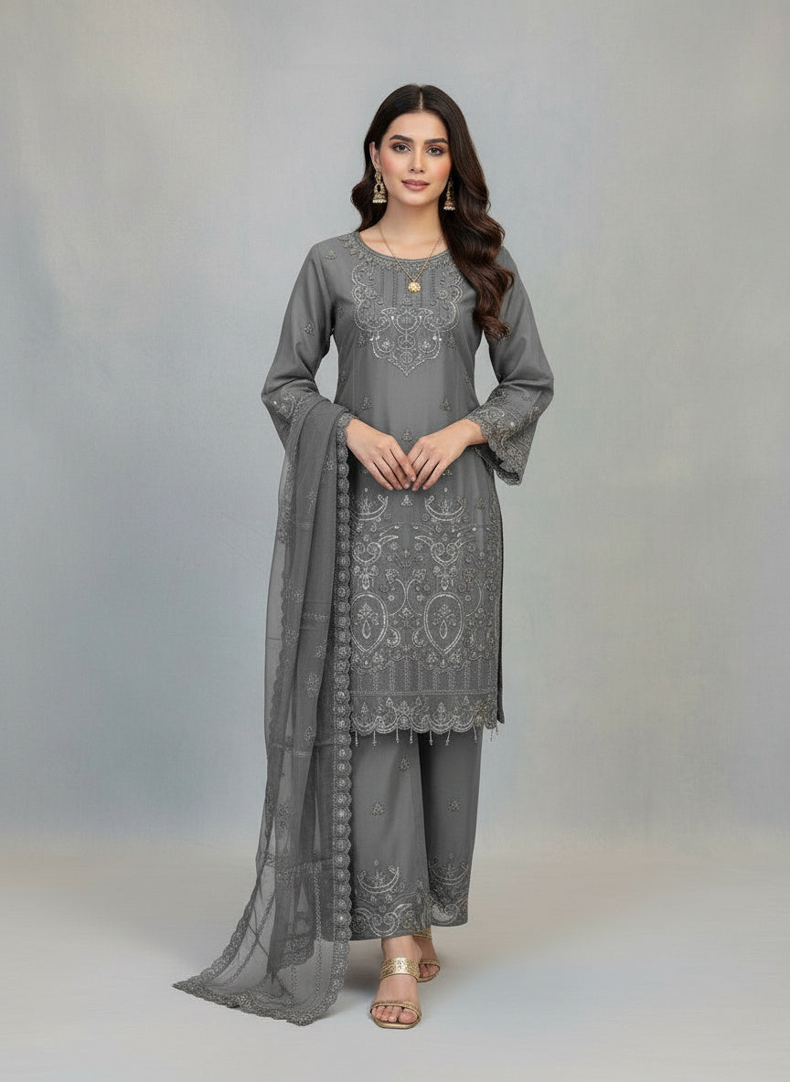 3Pc Embroidered Organza Flapper, Shirt, Dupatta