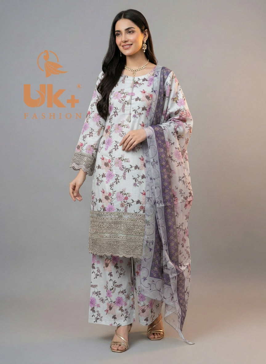 3Pc Printed & Patched Bona Dora Shirt, Plazo, Dupatta