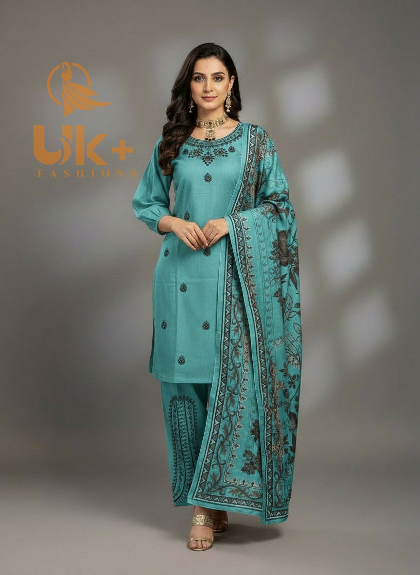 3Pc Embroidered Khaddar Samosa Plazo, Shirt Dupatta