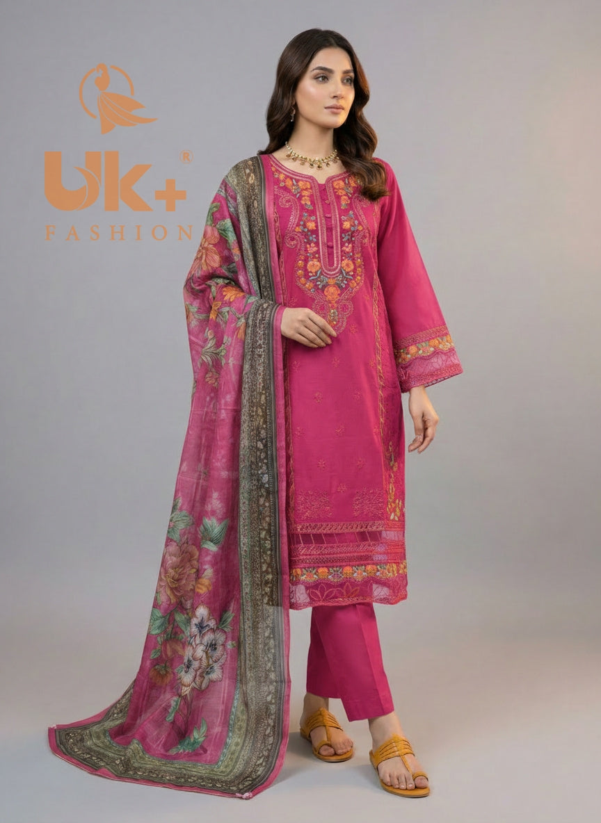 3Pc Embroidered Cotton Shirt, Trouser, Dupatta