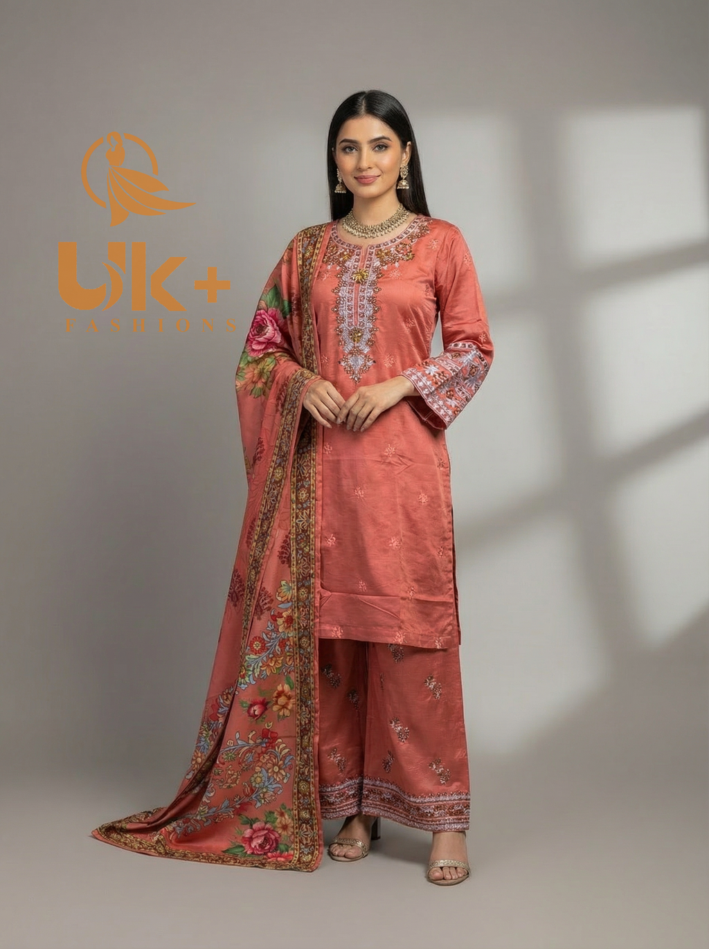 3Pc Embroidered Winter Khaadi Shirt, Plazo, Dupatta