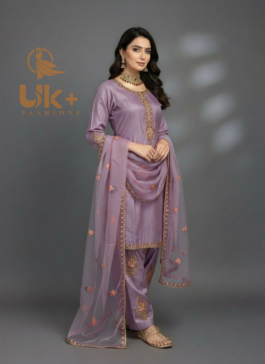 3Pc Embroidered Kataan Silk, Shirt, Farshi Shalwar and Dupatta