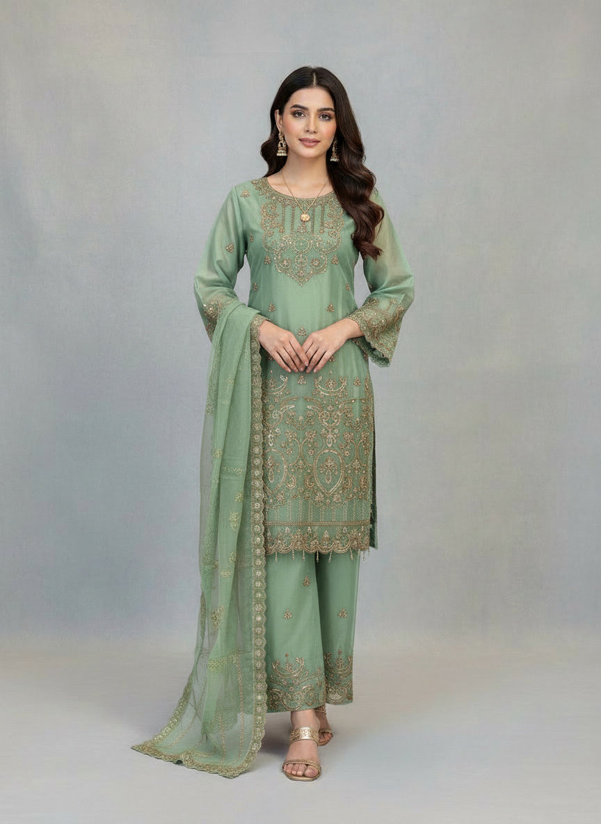 3Pc Embroidered Organza Flapper, Shirt, Dupatta