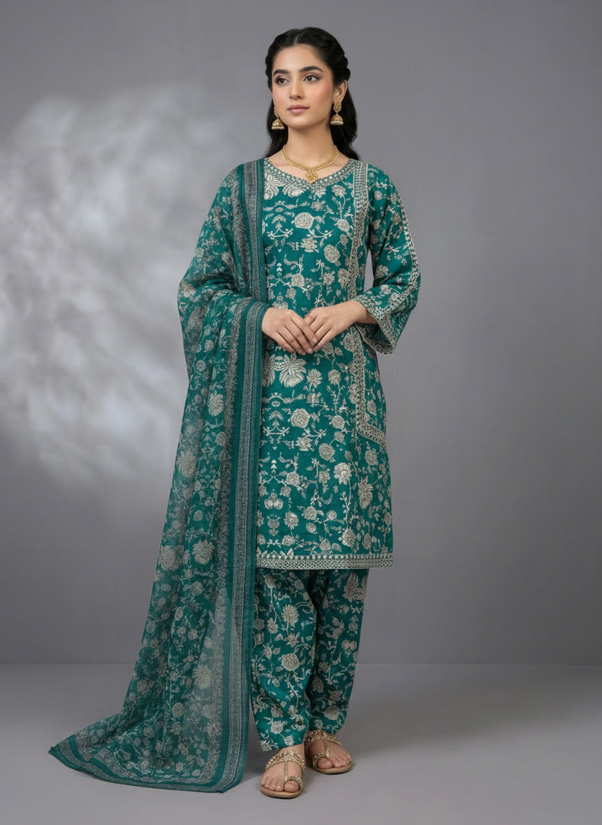 3Pc Embroidered & printed Bona Dora Shirt, Plazo, Dupatta