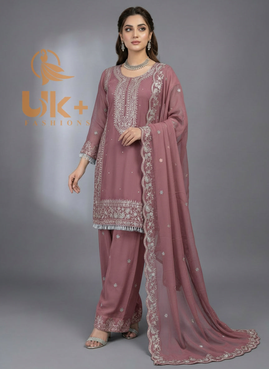 3Pc Embroidered Chiffon Shirt, Plazo, Dupatta