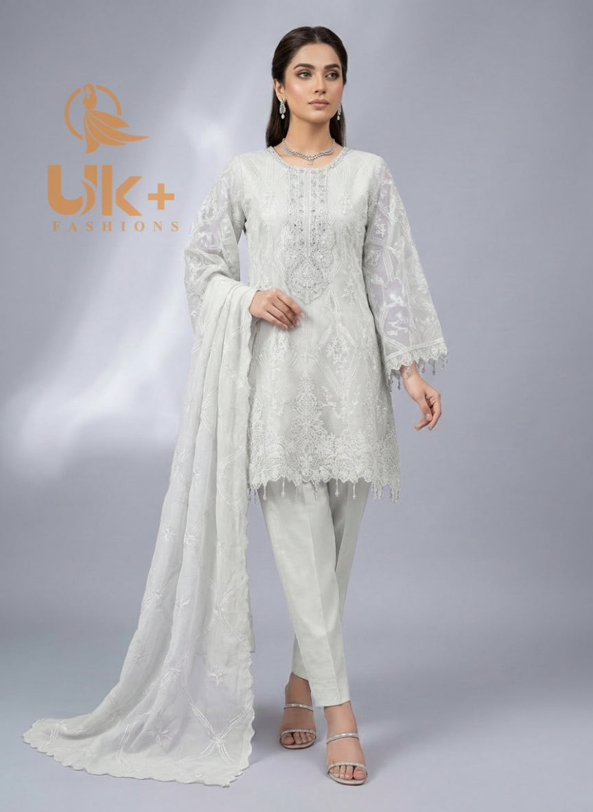 3Pc Embroidered Organza Short Frock, Shalwar, Dupatta