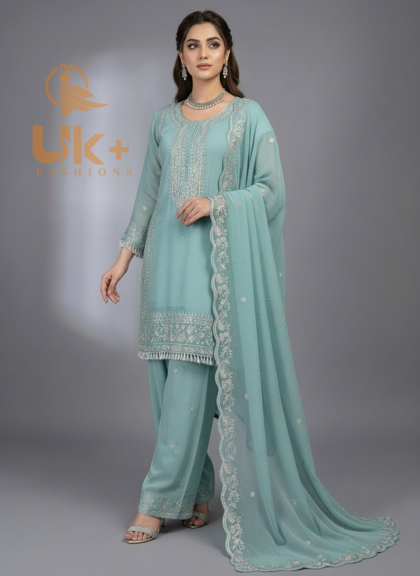 3Pc Embroidered Chiffon Shirt, Plazo, Dupatta
