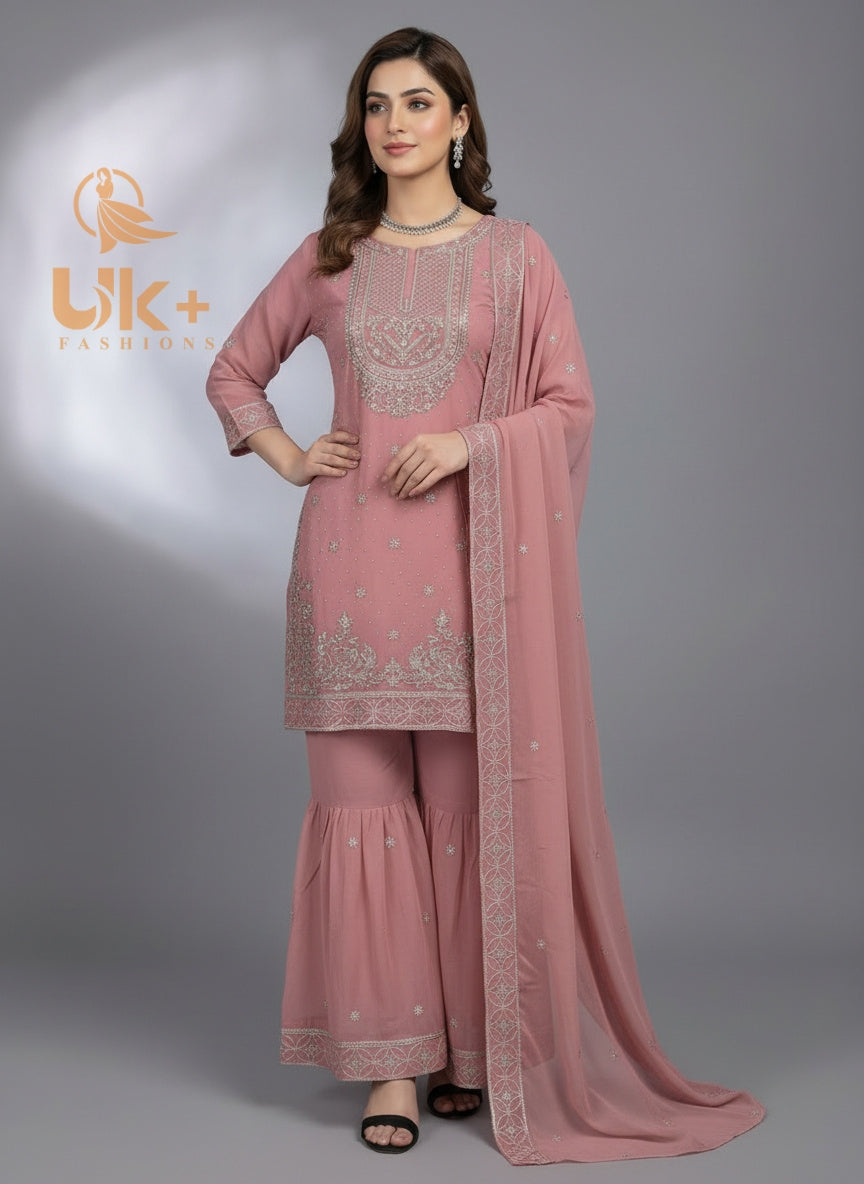 3Pc Embroidered Chiffon Shirt, Gharara, Dupatta