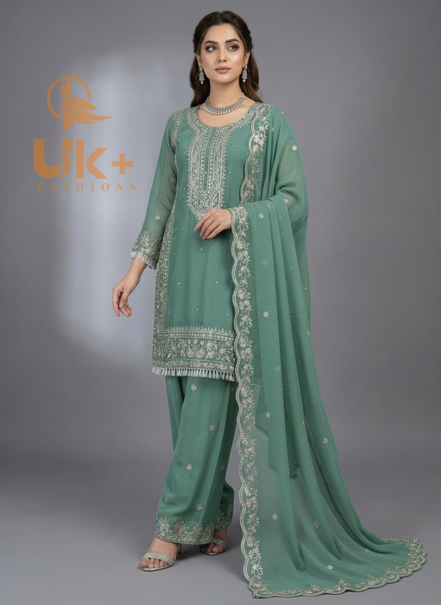 3Pc Embroidered Chiffon Shirt, Plazo, Dupatta