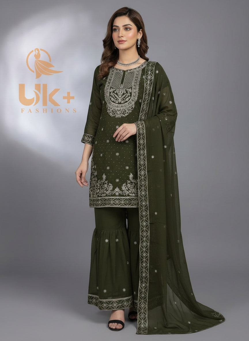 3Pc Embroidered Chiffon Shirt, Gharara, Dupatta