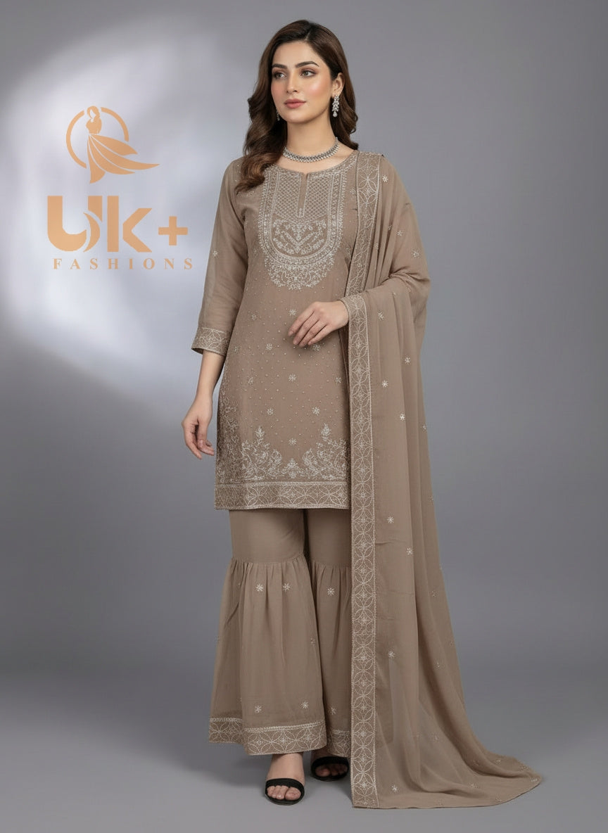 3Pc Embroidered Chiffon Shirt, Gharara, Dupatta
