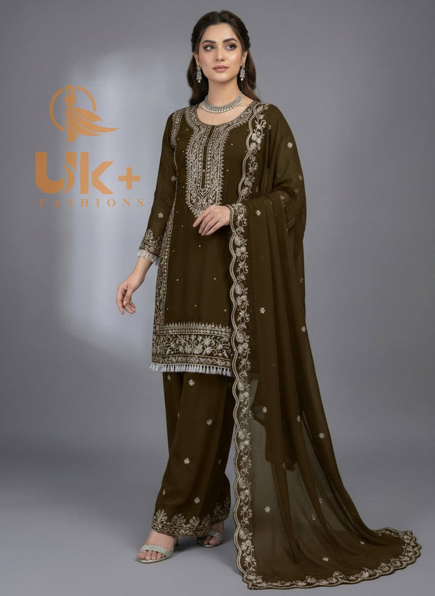 3Pc Embroidered Chiffon Shirt, Plazo, Dupatta