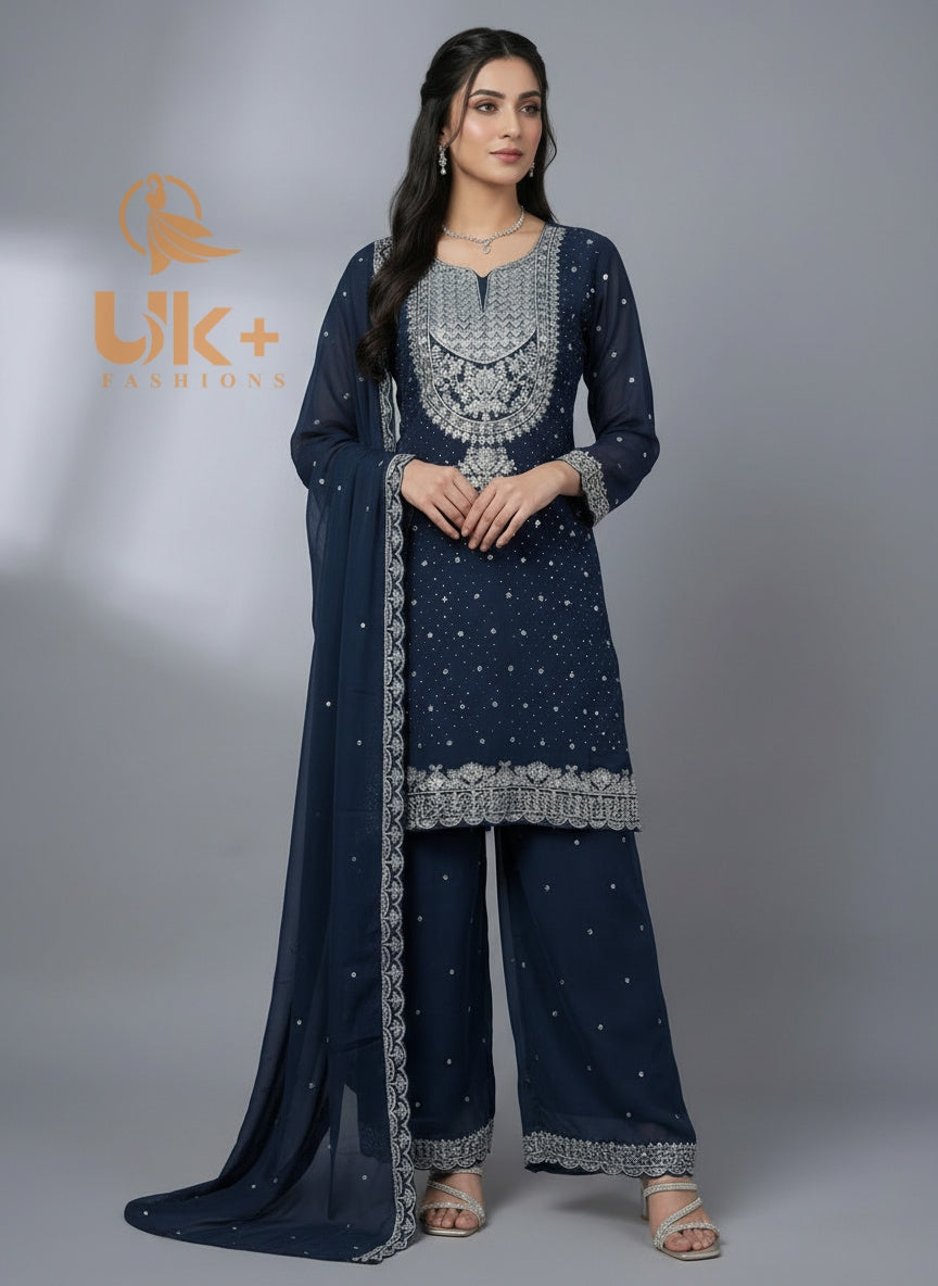 3Pc Embroidered Chiffon Shirt, Plazo, Dupatta