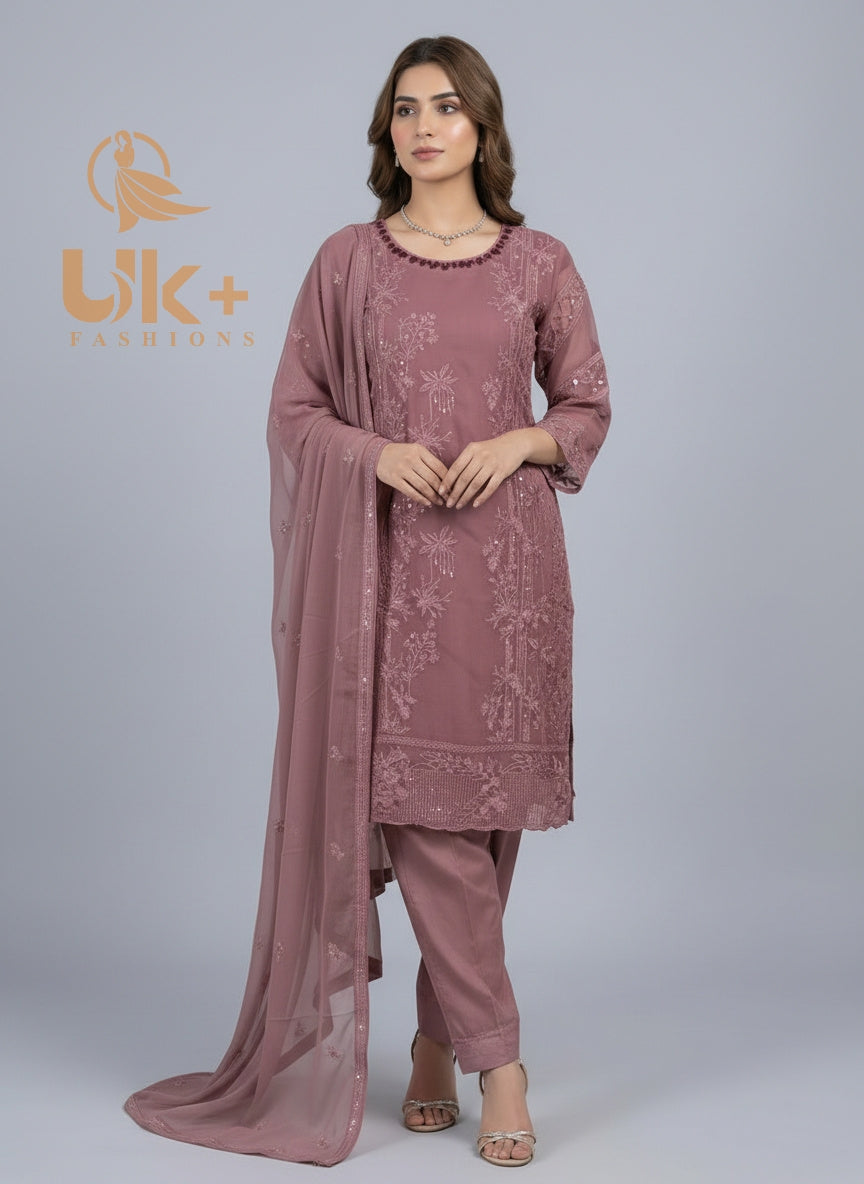 3Pc Embroidered Chiffon Shirt, Shalwar, Dupatta