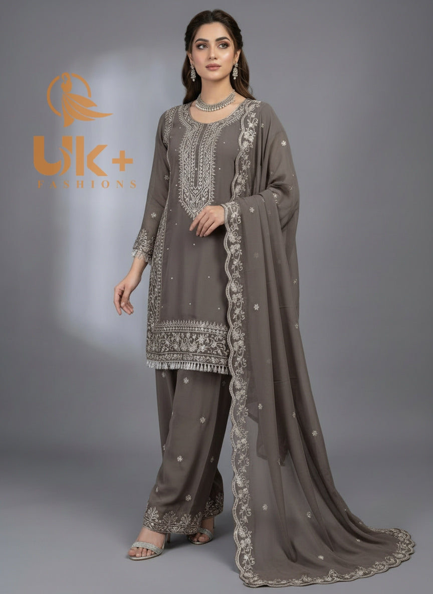 3Pc Embroidered Chiffon Shirt, Plazo, Dupatta