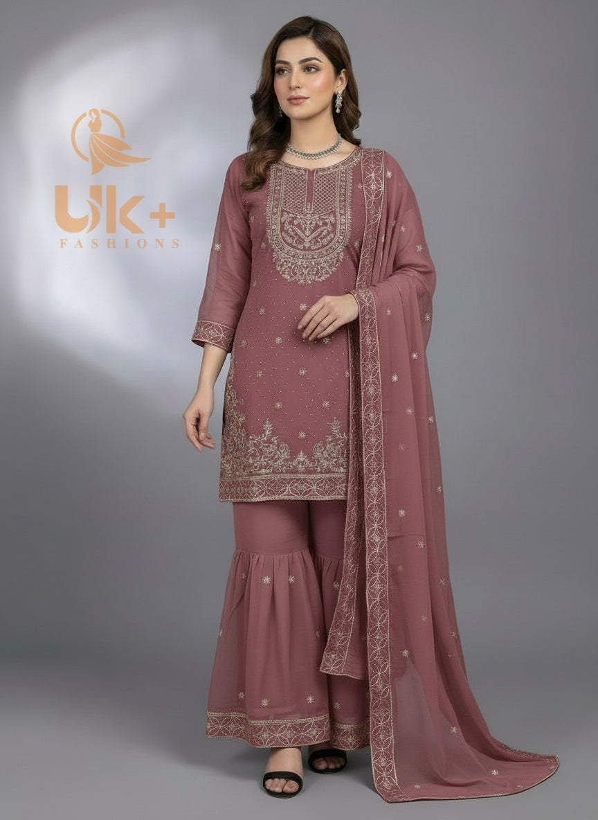 3Pc Embroidered Chiffon Shirt, Gharara, Dupatta