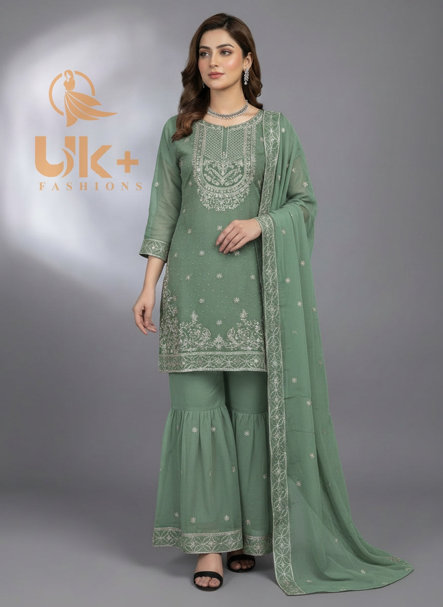 3Pc Embroidered Chiffon Shirt, Gharara, Dupatta