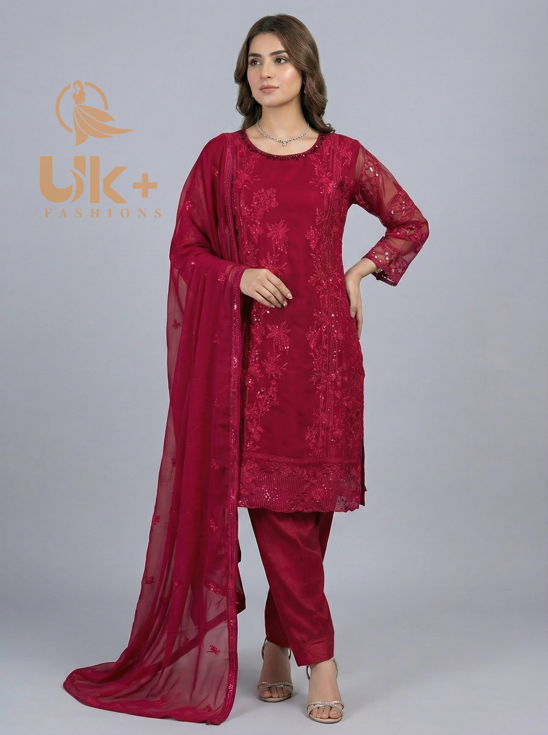 3Pc Embroidered Chiffon Shirt, Shalwar, Dupatta