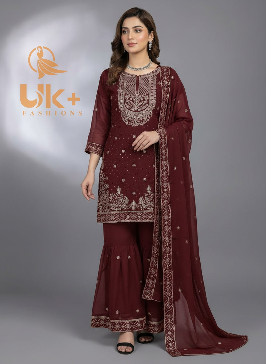 3Pc Embroidered Chiffon Shirt, Gharara, Dupatta