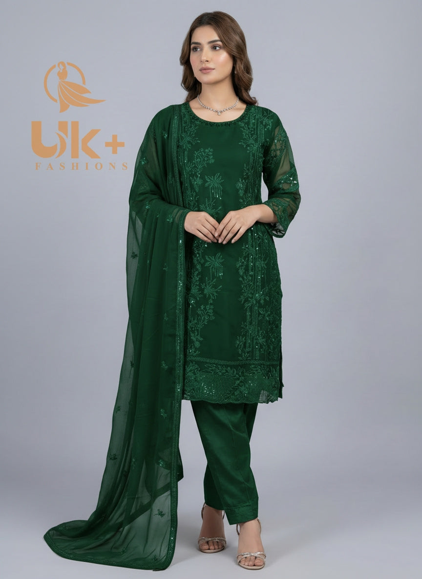 3Pc Embroidered Chiffon Shirt, Shalwar, Dupatta