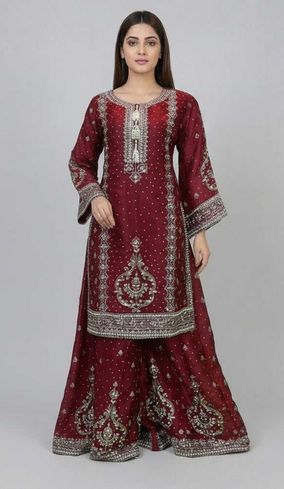3Pc Embroidered Organza Plazo, Shirt, Shalwar, Dupatta.