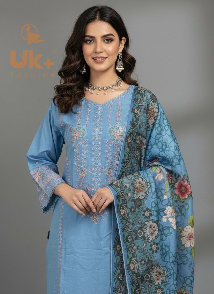 3Pc Embroidered Winter Cotton Shirt, Trouser, Dupatta..