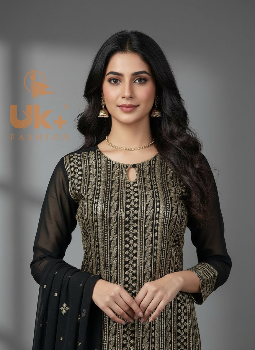 3Pc Embroidered Chiffon Shirt, Plazo, Dupatta