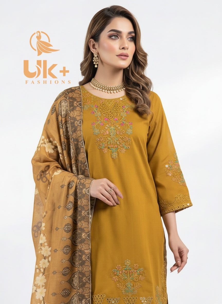 3Pc Embroidered Khaddar Shirt, Shalwar, Dupatta