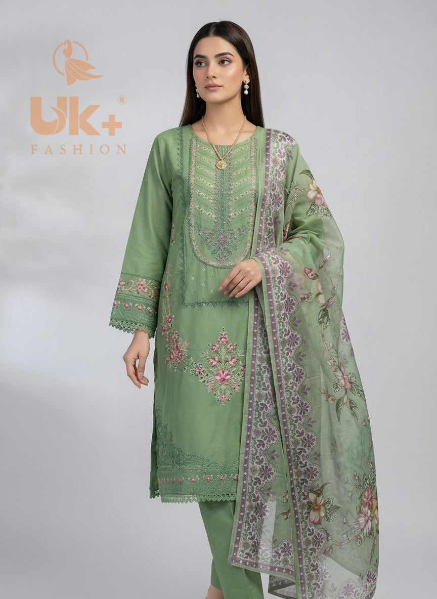 3Pc Embroidered Cotton Shirt, Trouser, Dupatta,