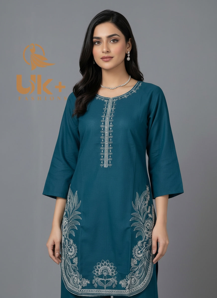 2Pc Embroidered Khaddar Shirt, Plazo