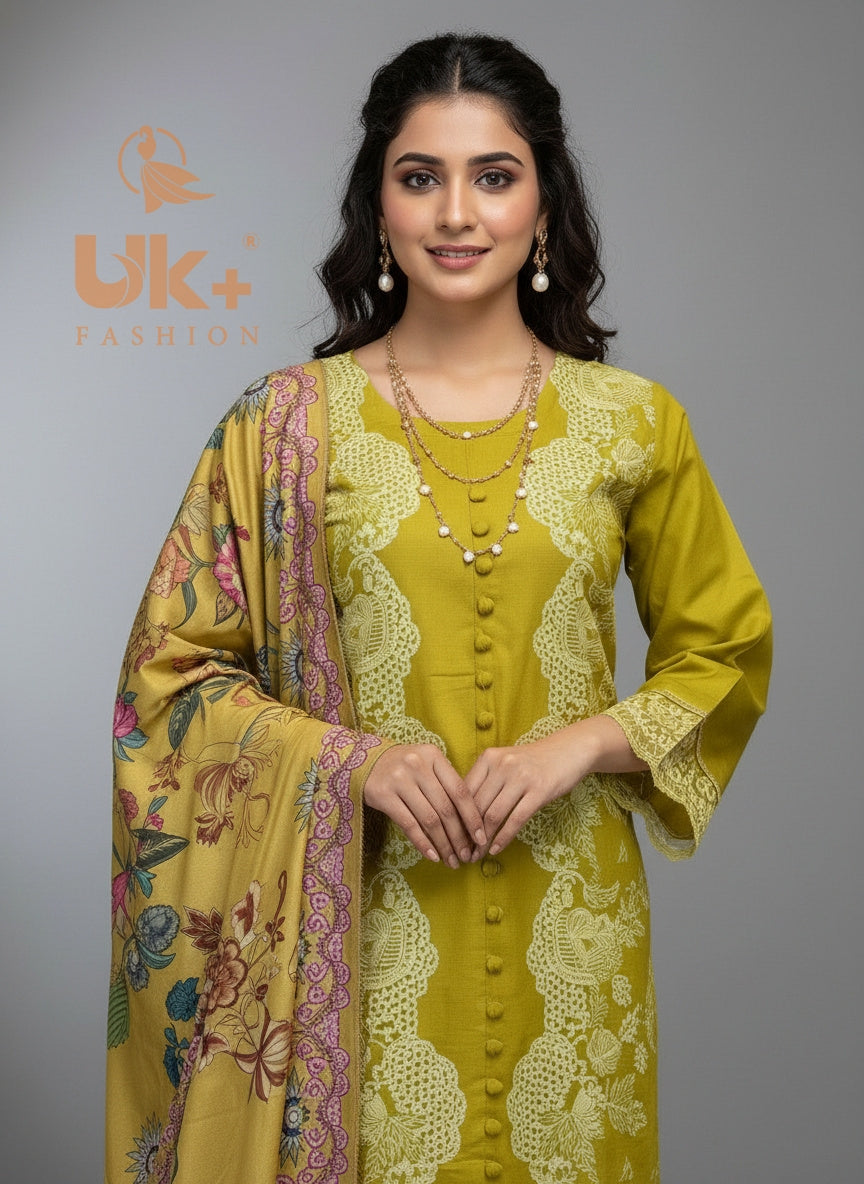 3Pc Embroidered Winter Cotton Shirt, Trouser, Dupatta