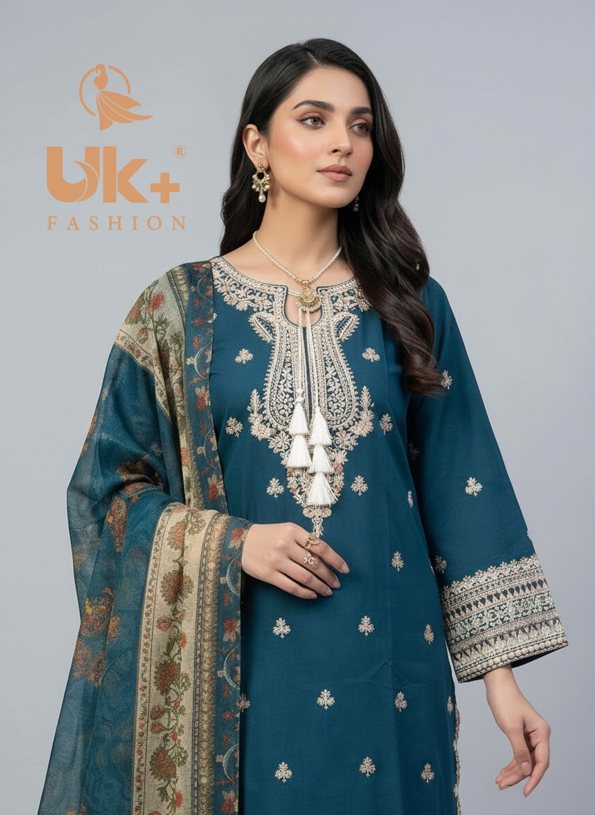 3Pc Embroidered Cotton Shirt, Trouser , Dupatta,