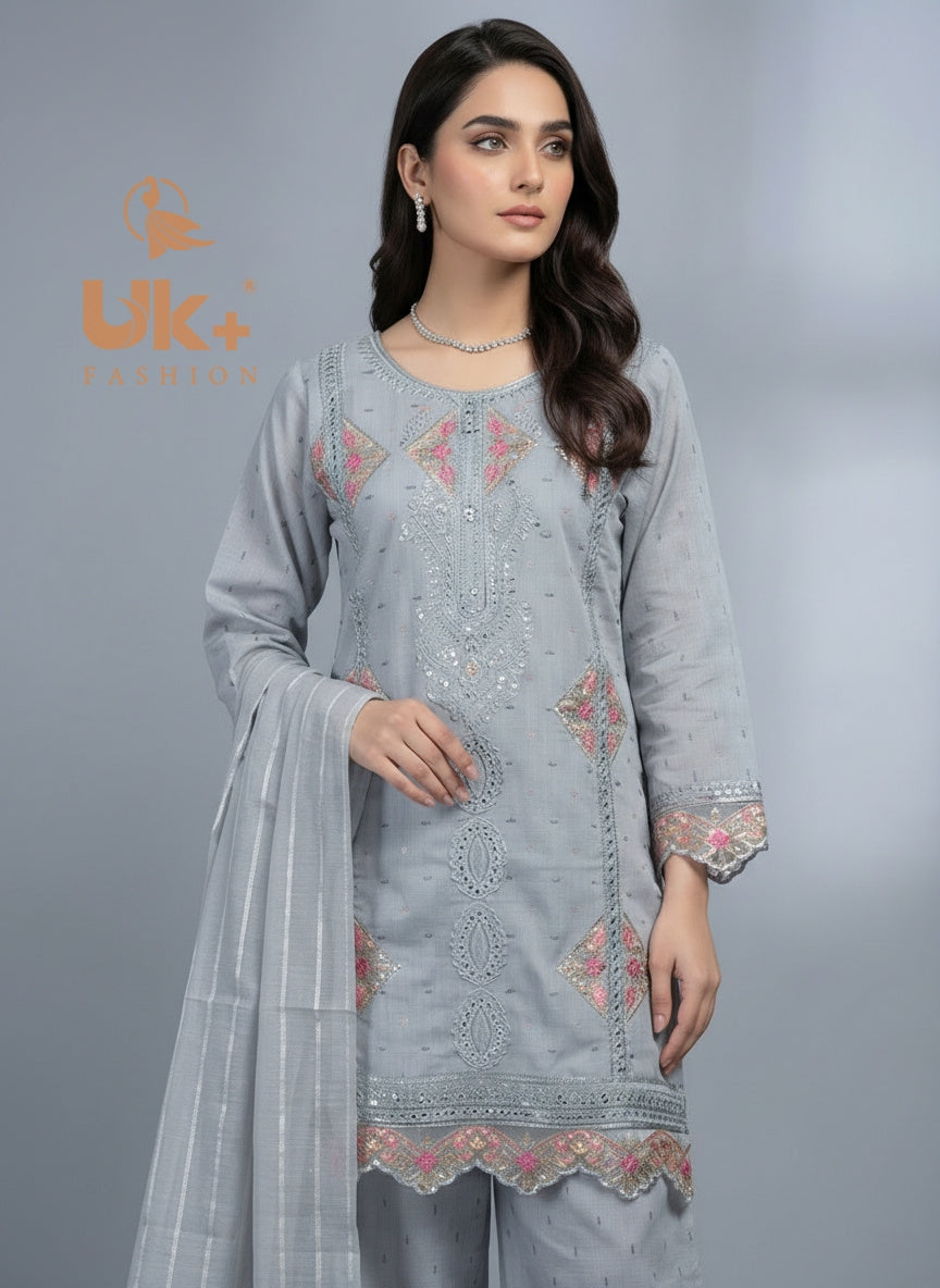 3Pc Embroidered Cotton Shirt, Farshi Shalwar, Dupatta