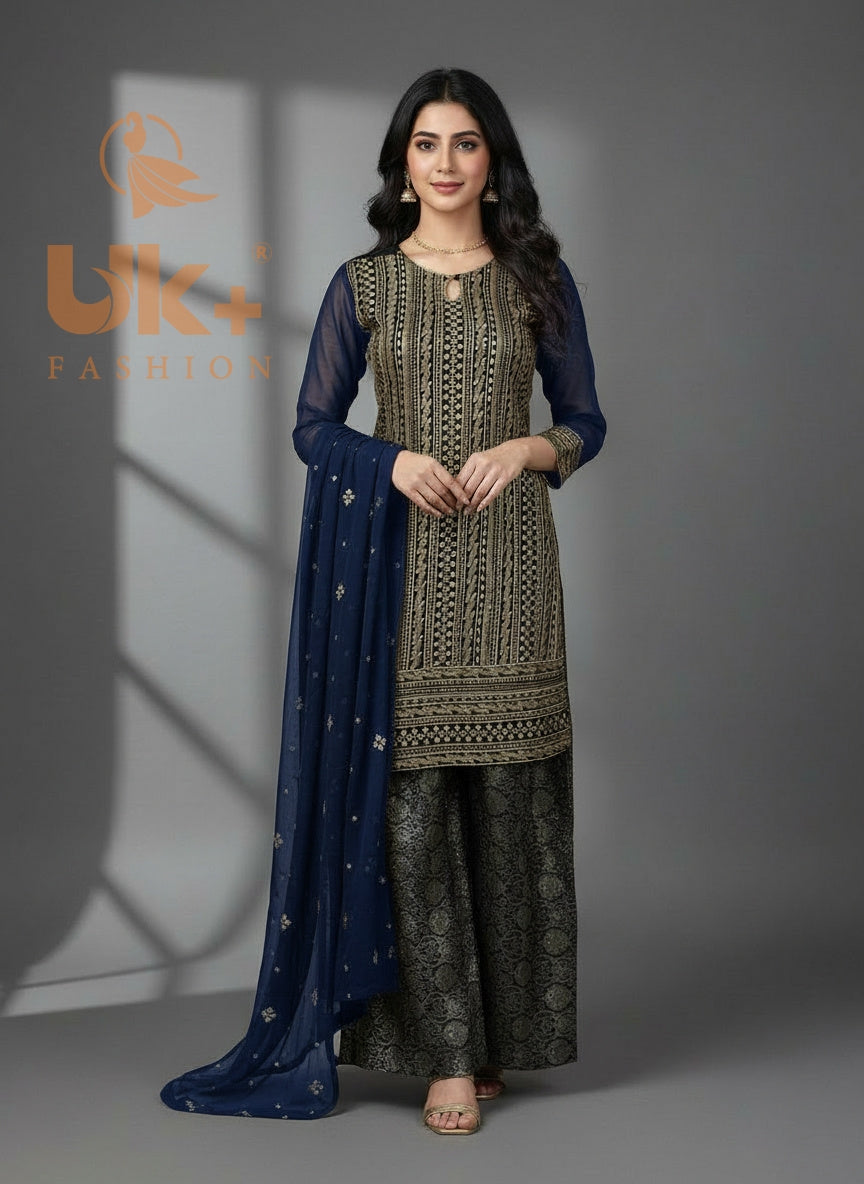 3Pc Embroidered Chiffon Shirt, Plazo, Dupatta
