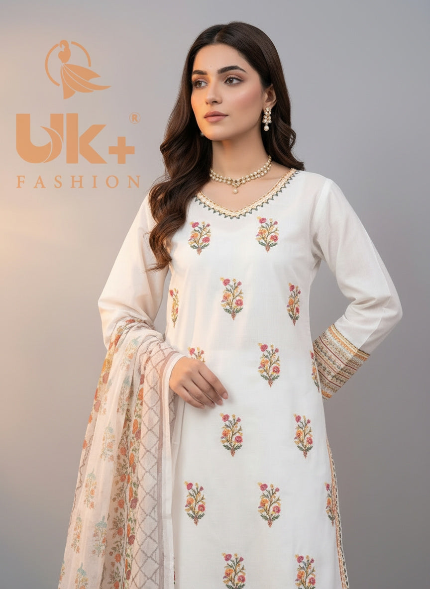 3Pc Embroidered Cotton Shirt, Plazo, Dupatta