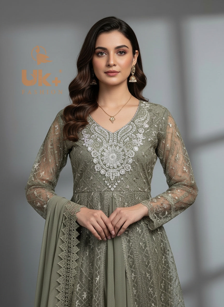 3Pc Embroidered Net Short Frock, Shalwar, Dupatta