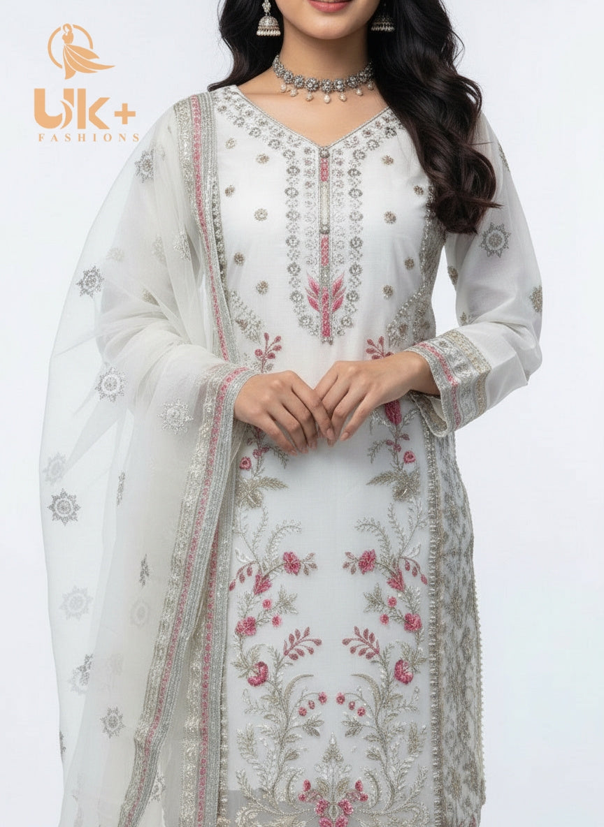 3Pc Embroidered Organza Shirt, Plazo, Dupatta