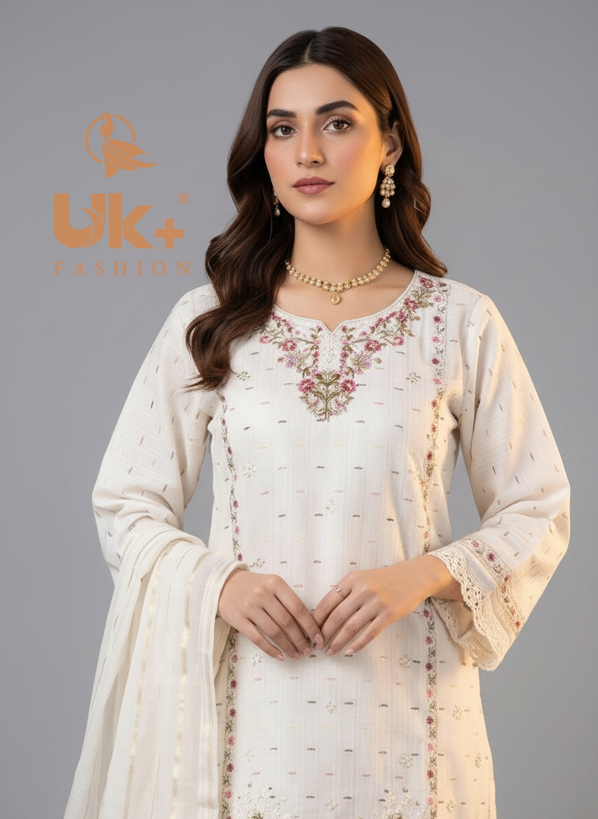 3Pc Embroidered Cotton Shirt, Farshi Shalwar, Dupatta