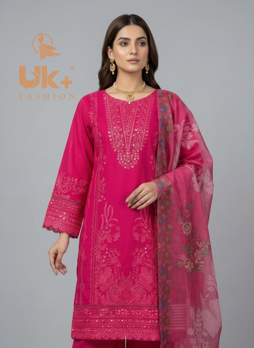 3Pc Embroidered Cotton Shirt, Plazo, Dupatta