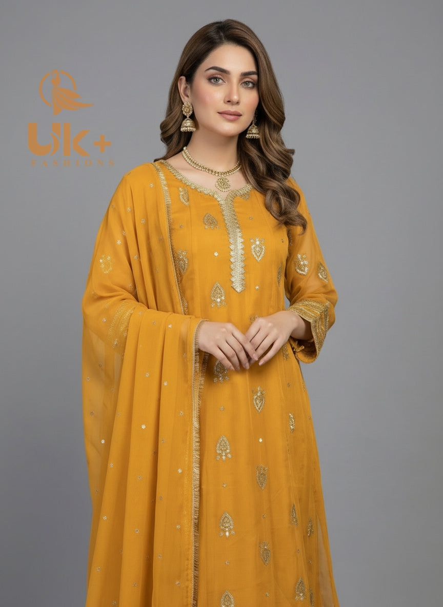 3Pc Embroidered Chiffon Frock, Shalwar, Dupatta