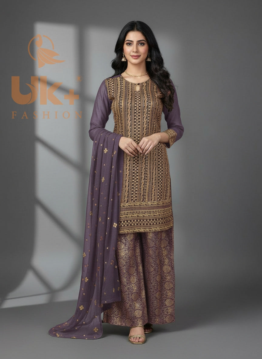 3Pc Embroidered Chiffon Shirt, Plazo, Dupatta