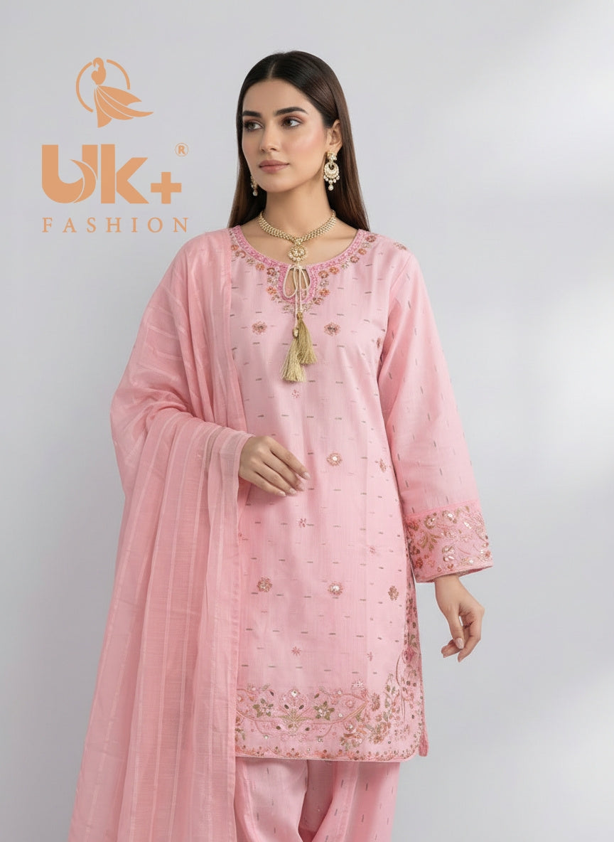 3Pc Embroidered Cotton Shirt, Farshi Shalwar, Dupatta