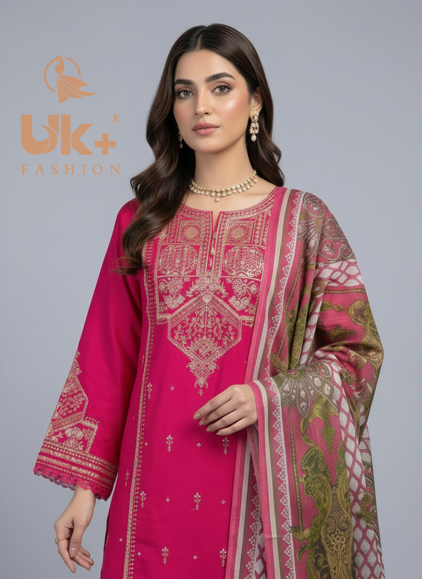 3Pc Embroidered Cotton Shirt, Plazo, Dupatta