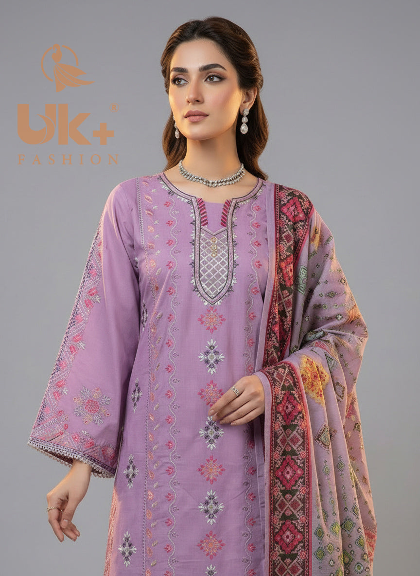 3Pc Embroidered Cotton Shirt, Plazo, Dupatta