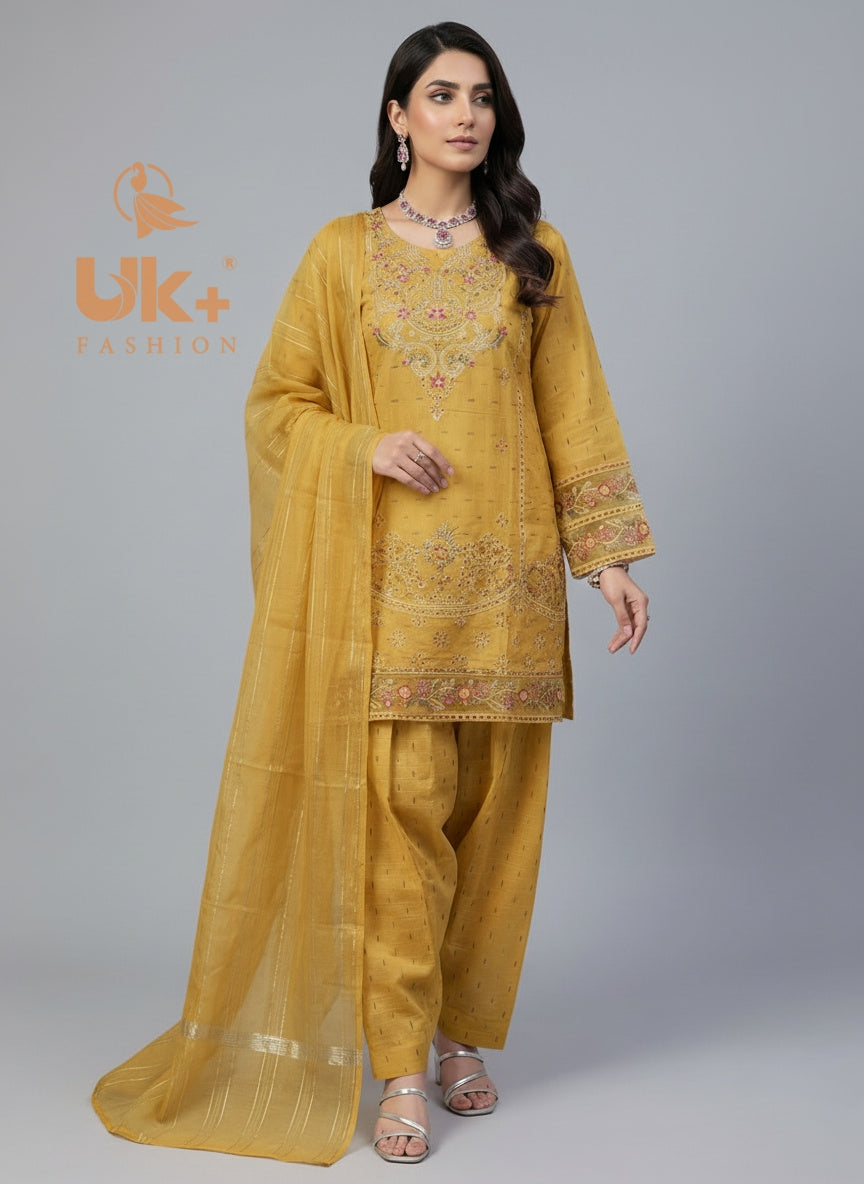 3Pc Embroidered Cotton Shirt, Farshi Shalwar, Dupatta