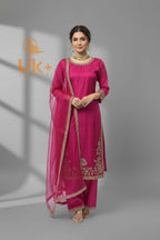 3Pc Embroidered Kattan Silk Shirt, Shalwar, Dupatta