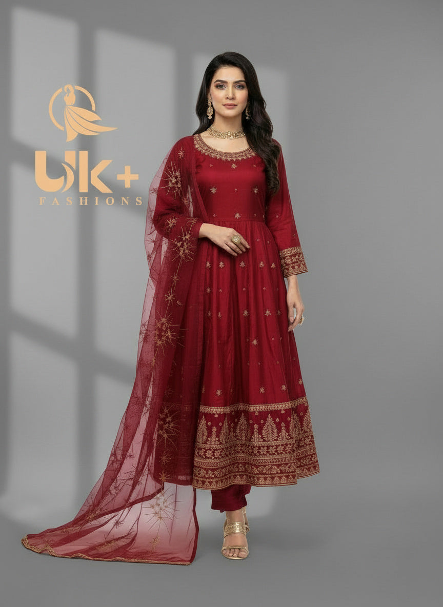 3Pc Embroidered Kattan Silk Frock, Shalwar, Dupatta