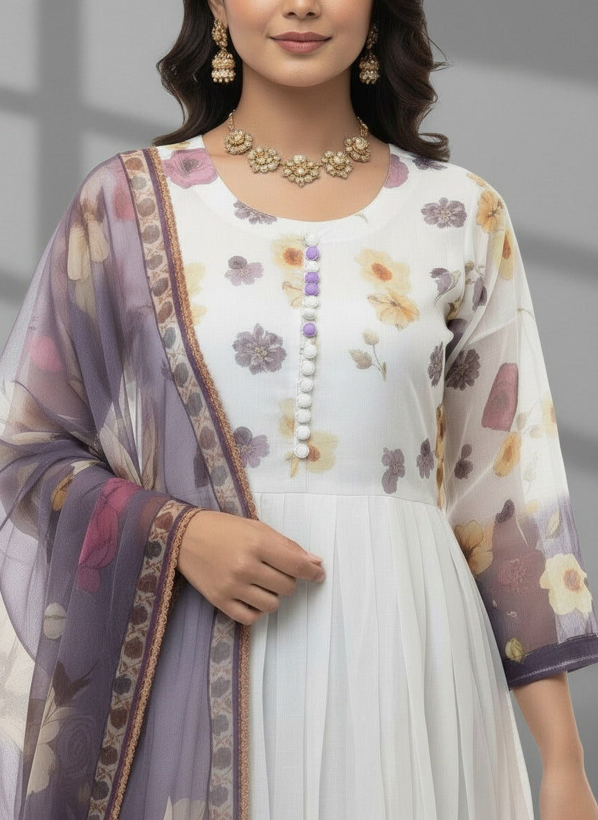 3Pc Printed Chiffon Frock, Shalwar, Dupatta